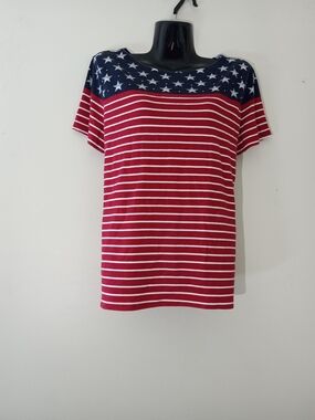 Karen Scott Red, White & Blue Star Striped Short Sleeve Tee